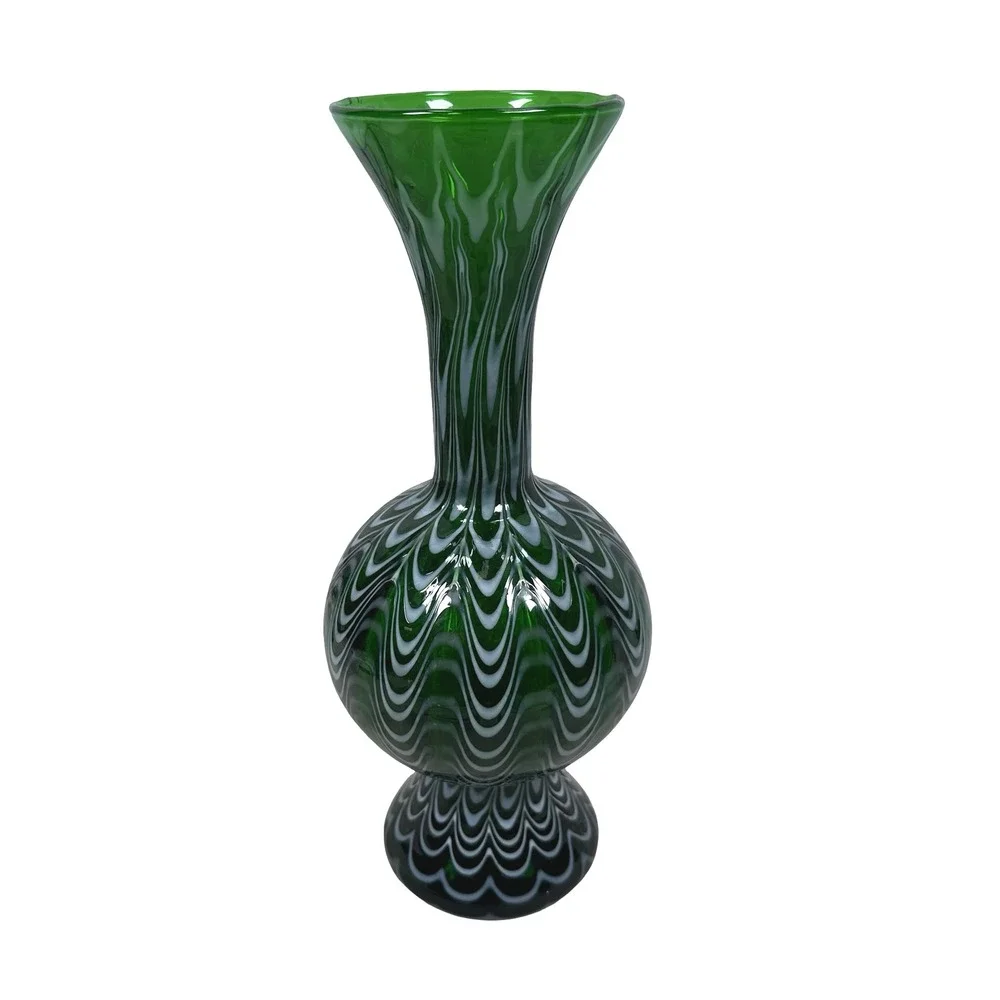 Vintage Murano Pulled Feather Glass Vase MCM 60s Emerald Green White Italian